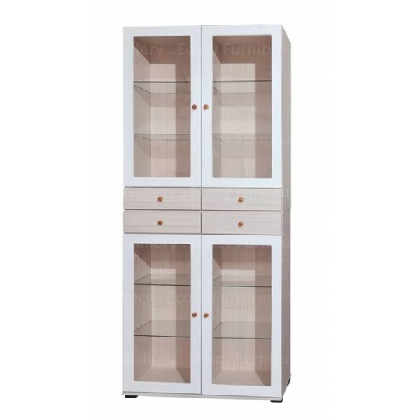 Display cabinet is a combination of two colors, glossy white modern finish with white wash wooden framing, creating a simple and elegant design