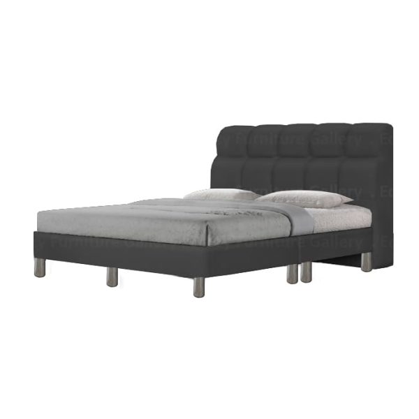 A modern divan bed upholstered in black color faux leather, it is features a sleek design with a cushioned headboard