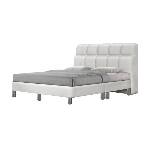 A modern divan bed upholstered in white color faux leather, it is features a sleek design with a cushioned headboard