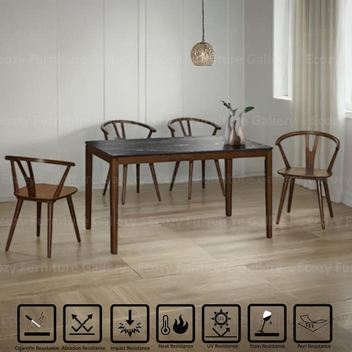 The dining set featuring a modern design with four wooden chairs and a dining table,set in a contemporary room with soft lighting