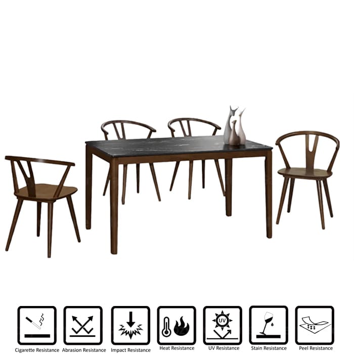 The dining set featuring a modern design with four wooden chairs and a dining table