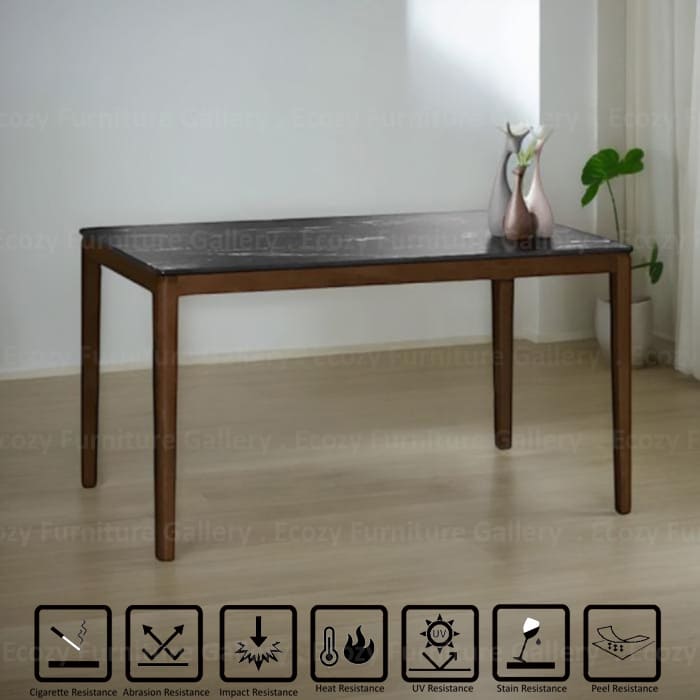 Dining table with solid wooden leg, set in a contemporary room with soft lighting