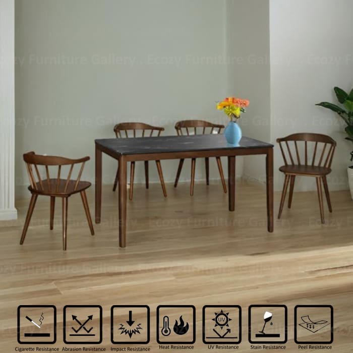 The dining set featuring a modern design with four wooden chairs and a dining table,set in a contemporary room with soft lighting