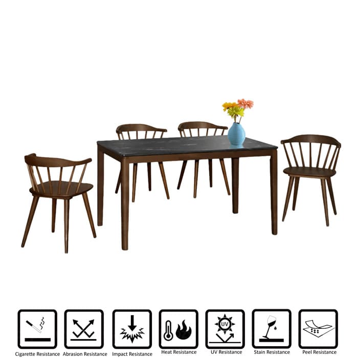 The dining set featuring a modern design with four wooden chairs and a dining table