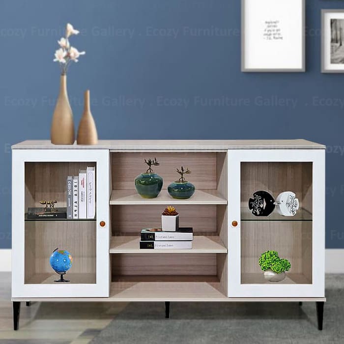 Sideboard Cabinet or Buffet Hutch is a combination of two colors, glossy white modern finish with white wash wooden framing, creating a simple and elegant design