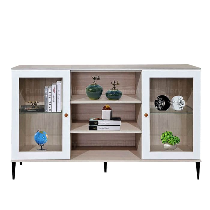 Sideboard Cabinet or Buffet Hutch is a combination of two colors, glossy white modern finish with white wash wooden framing, creating a simple and elegant design