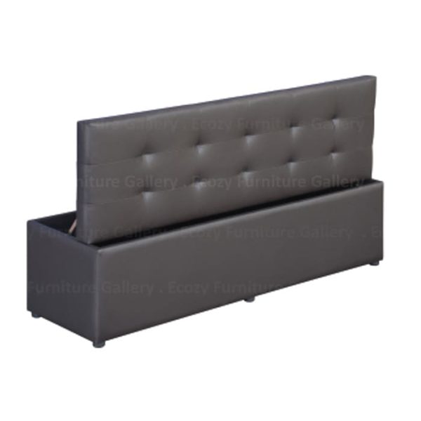 Storage bench with a tufted padded backrest, featuring a sleek dark brown design and an open top for easy access to storage space