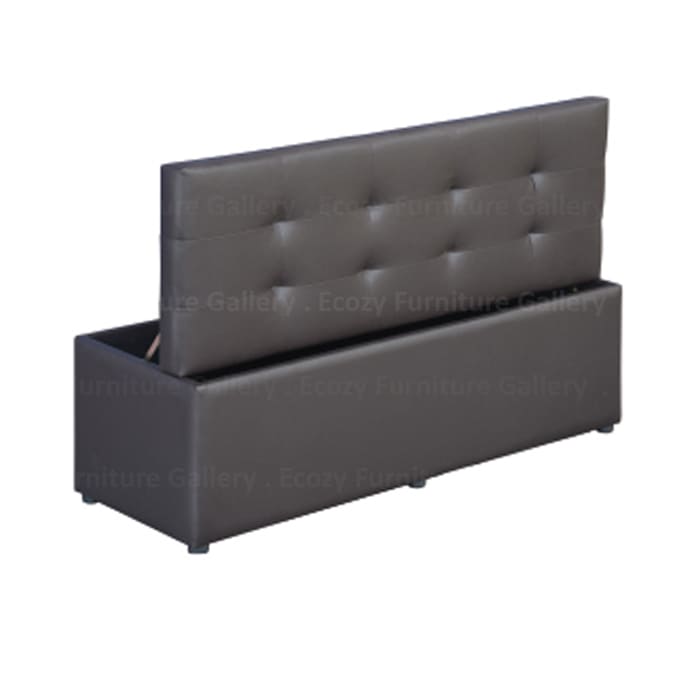 Storage bench with a tufted padded backrest, featuring a sleek dark brown design and an open top for easy access to storage space