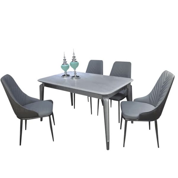 A dining set featuring a modern design with four dining chairs, and a marble dining table