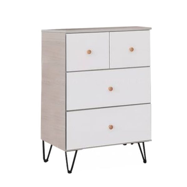 Chest of drawer is a combination of two colors, glossy white modern finish with white wash wooden framing, creating a simple and elegant design; its come with wrought iron legs