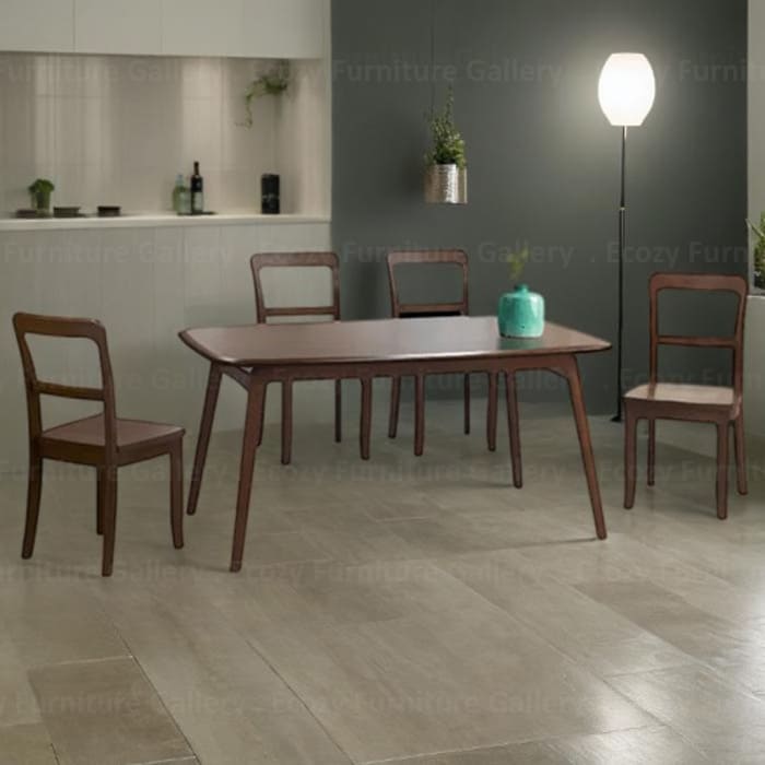 The wooden dining set featuring a modern design with four wooden chairs and a dining table,set in a contemporary room with soft lighting