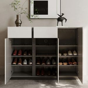 Shoe cabinet with three doors, featuring black tempered glass top, styled with decorative items on top, and an interior image showing multiple shelves for organized storage