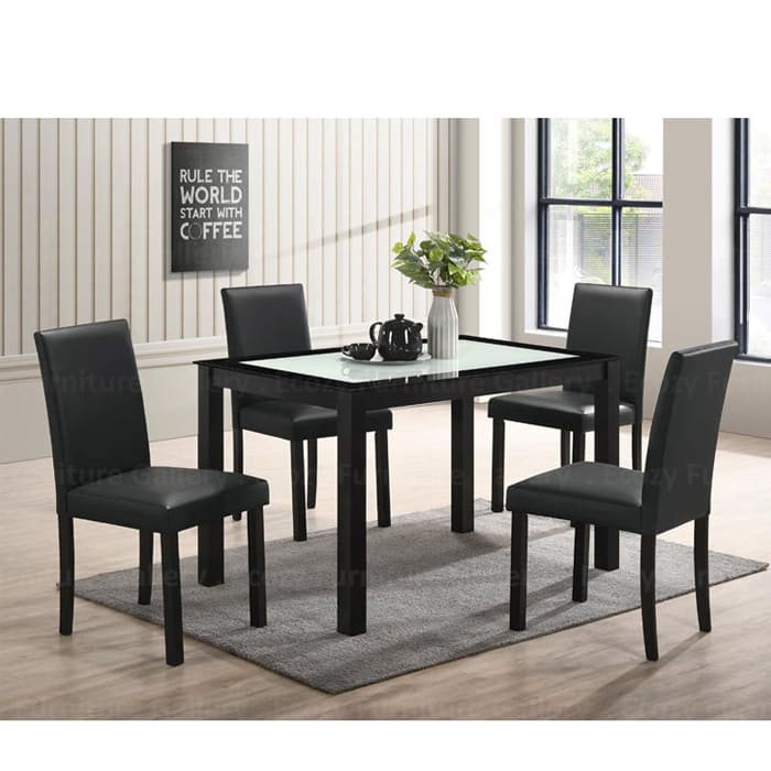 Tempered Glass Dining Set featuring a modern design with four black color dining chair, and a tempered galss dining table, set in a contemporary room with soft lighting