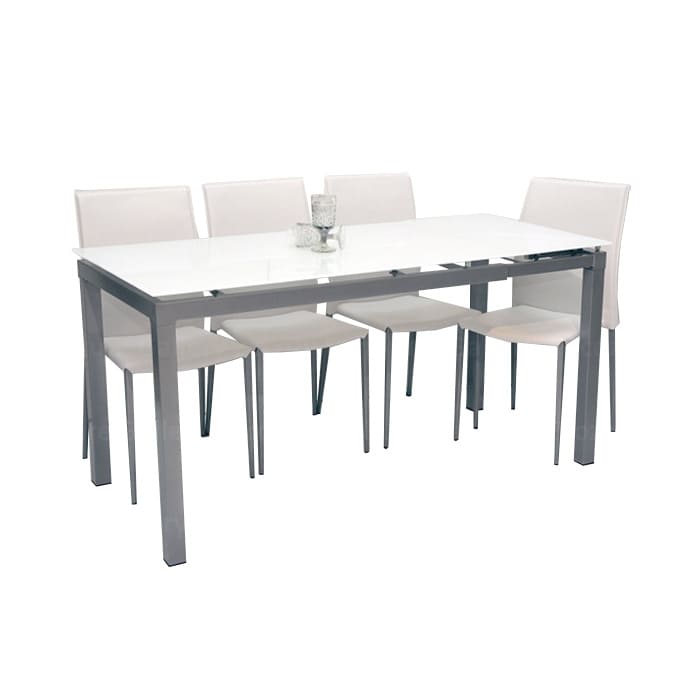 Tempered Glass Dining Set featuring a modern design with four white color dining chair, and a extendable tempered galss dining table