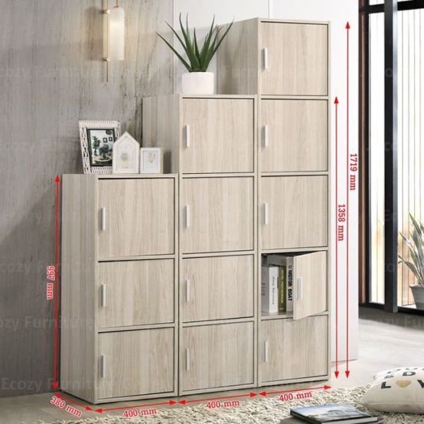 Storage cabinet or bookshelf combination in light brown wood finish, designed for organizing and displaying items like a bookshelf