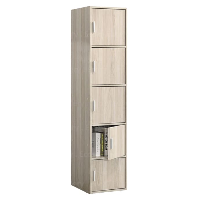 Storage cabinet or bookshelf combination in light brown wood finish, come with five compartments, designed for organizing and displaying items like a bookshelf