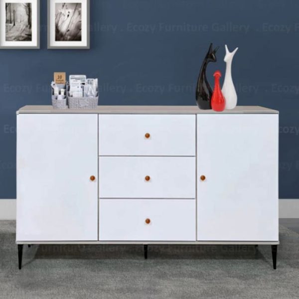 Sideboard Cabinet or Buffet Hutch is a combination of two colors, glossy white modern finish with white wash wooden framing, creating a simple and elegant design