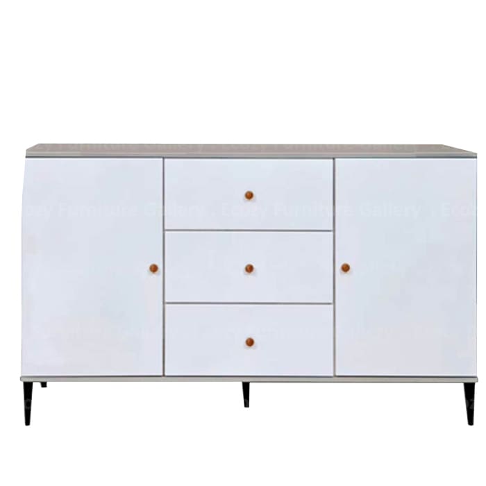 Sideboard Cabinet or Buffet Hutch is a combination of two colors, glossy white modern finish with white wash wooden framing, creating a simple and elegant design