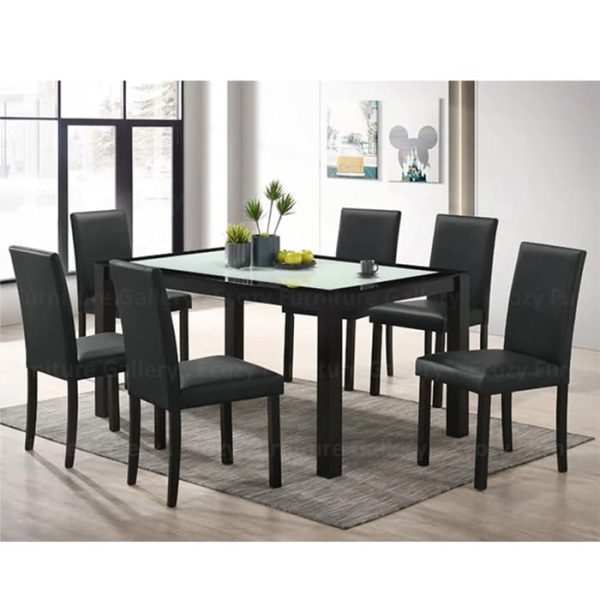 Tempered Glass Dining Set featuring a modern design with four black color dining chair, and a tempered galss dining table, set in a contemporary room with soft lighting