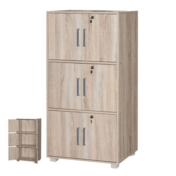 Storage cabinet or bookshelf combination in light brown wood finish, featuring three lockable cabinets and a smaller bookshelf display on the side, ideal for organizing and showcasing items