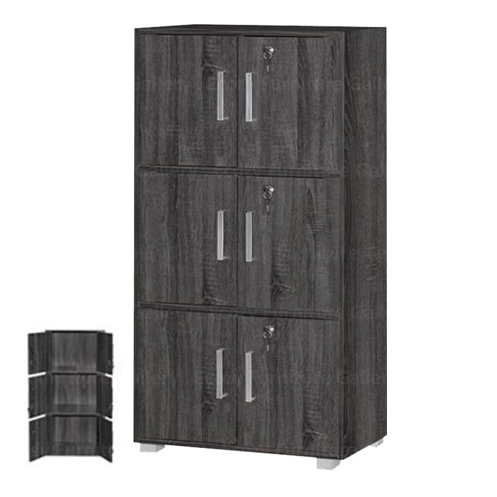 Storage cabinet or bookshelf combination in dark wood finish, featuring three lockable cabinets and a smaller bookshelf display on the side, ideal for organizing and showcasing items