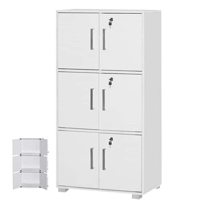 Storage cabinet or bookshelf combination in white door finish, featuring three lockable cabinets and a smaller bookshelf display on the side, ideal for organizing and showcasing items