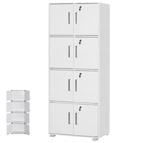 Storage cabinet or bookshelf combination in white door finish, featuring four lockable cabinets and a smaller bookshelf display on the side, ideal for organizing and showcasing items