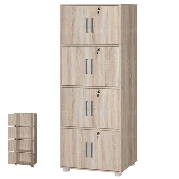 Storage cabinet or bookshelf combination in light brown wood finish, featuring four lockable cabinets and a smaller bookshelf display on the side, ideal for organizing and showcasing items