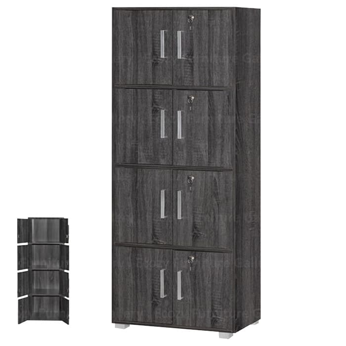 Storage cabinet or bookshelf combination in dark wood finish, featuring four lockable cabinets and a smaller bookshelf display on the side, ideal for organizing and showcasing items