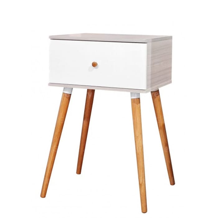 Side table is a combination of two colors, glossy white modern finish with white wash wooden framing, creating a simple and elegant design; its come with the higher wooden leg