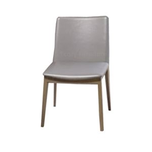 The front view of a modern dining chair with a gray seat and wooden legs