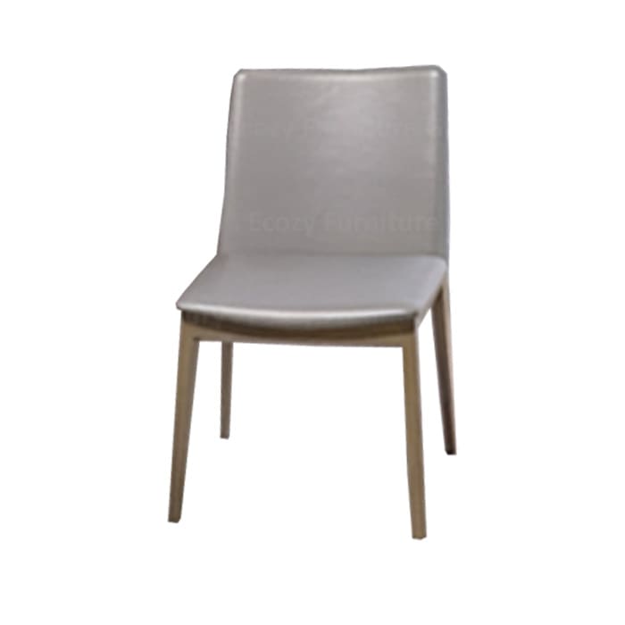 The front view of a modern dining chair with a gray seat and wooden legs