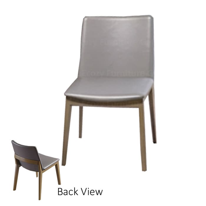 The front and back view of a modern dining chair with a gray seat and wooden legs