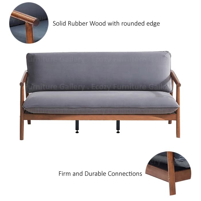 Wooden Sofa with a grey fabric cushion, featuring wooden armrests and a sleek design