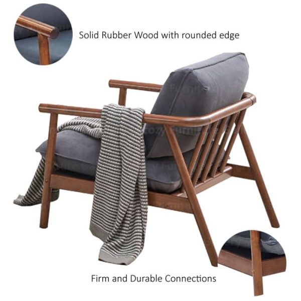 wooden arm chair with a grey fabric cushion, featuring wooden armrests and a sleek design