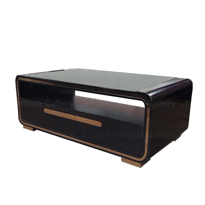 Black color tempered glass coffee table featuring a modern sleek design with a black color tempered glass table top