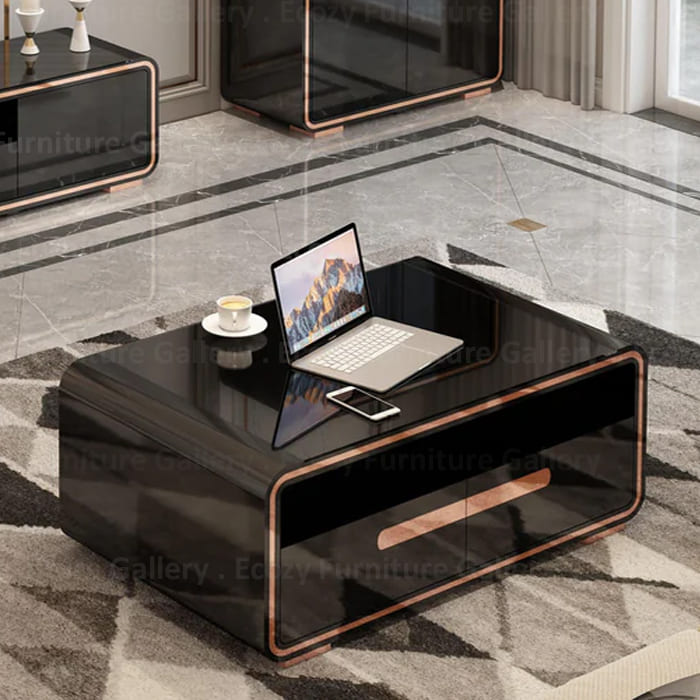 Black color tempered glass coffee table featuring a modern sleek design with a black color tempered glass table top