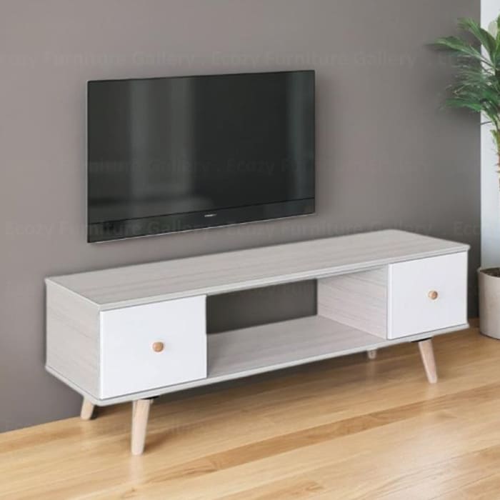 The TV Console is a combination of two colors, glossy white modern finish with white wash wooden framing, creating a simple and elegant design