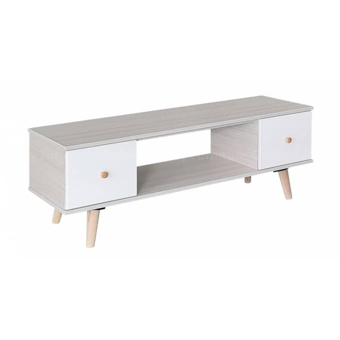 The TV Console is a combination of two colors, glossy white modern finish with white wash wooden framing, creating a simple and elegant design