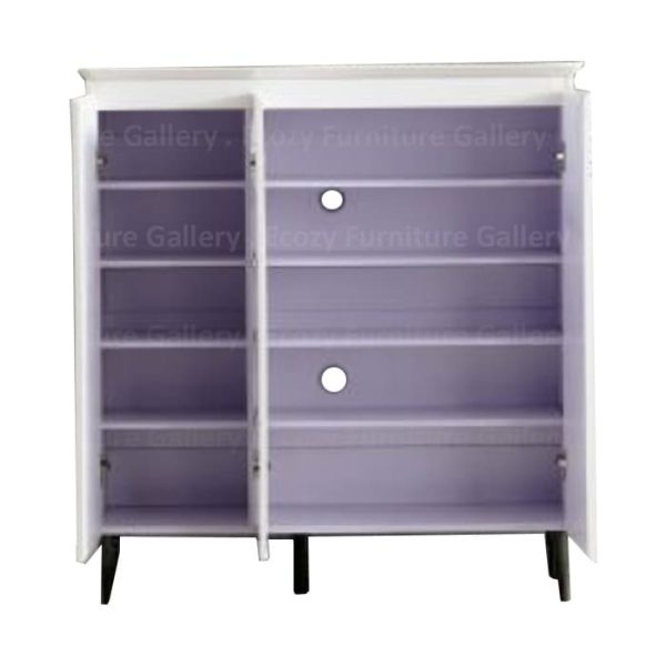 Shoe cabinet with three doors, featuring grey tempered glass top, styled with decorative items on top, and an interior image showing multiple shelves for organized storage