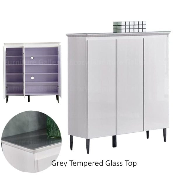 Shoe cabinet with three doors, featuring grey tempered glass top, styled with decorative items on top, and an interior image showing multiple shelves for organized storage