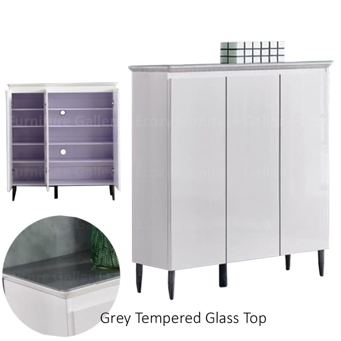 Shoe cabinet with three doors, featuring grey tempered glass top, styled with decorative items on top, and an interior image showing multiple shelves for organized storage