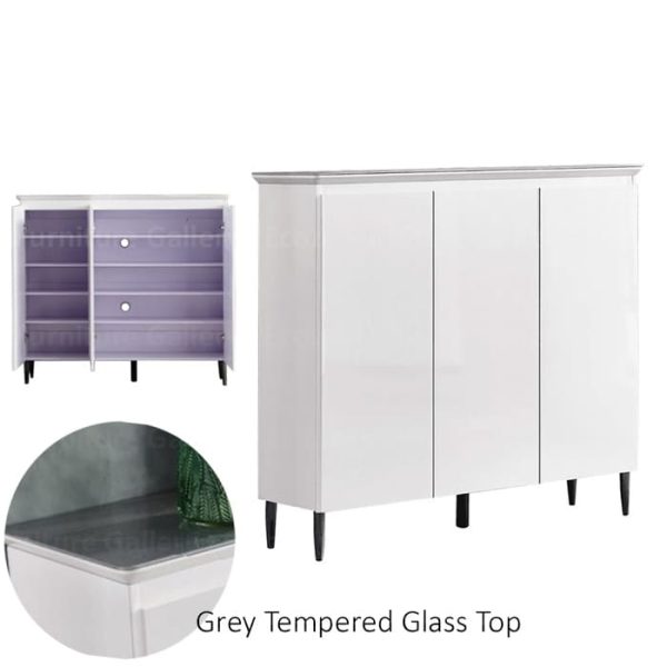 Shoe cabinet with three doors, featuring grey tempered glass top, styled with decorative items on top, and an interior image showing multiple shelves for organized storage