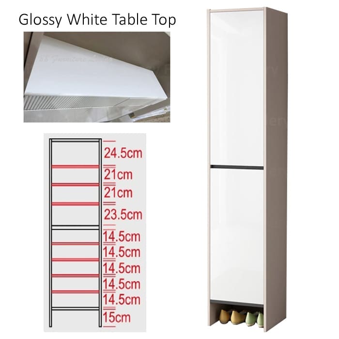 Shoe cabinet featuring a glossy white table top, with a modern design that includes upper storage space,and lower compartments for shoes