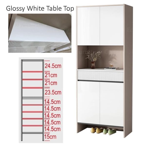 Shoe cabinet featuring a glossy white table top, with a modern design that includes upper storage space, lower compartments for shoes, and styled with decorative items on center's open compartment