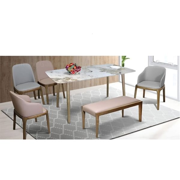 The dining set featuring four piece of modern design dining chair with a light brown and grey seat and wooden legs