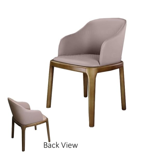 The front and back view of a modern dining chair with a light brown seat and wooden legs