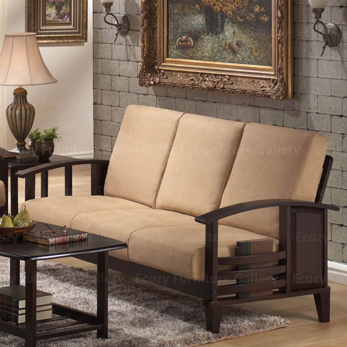 Wooden Sofa with a light brown fabric cushion, featuring wooden armrests and a sleek design, set in a cozy living room with warm lighting and wooden flooring