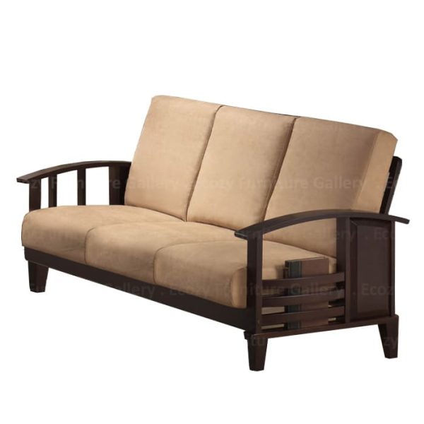 Wooden Sofa with a light brown fabric cushion, featuring wooden armrests and a sleek design