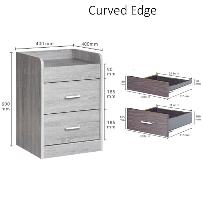 Bed side table with a wood finish, featuring two drawers with metal handle, styled with decorative items on top, it showed with dimensions labeled for detail measurements